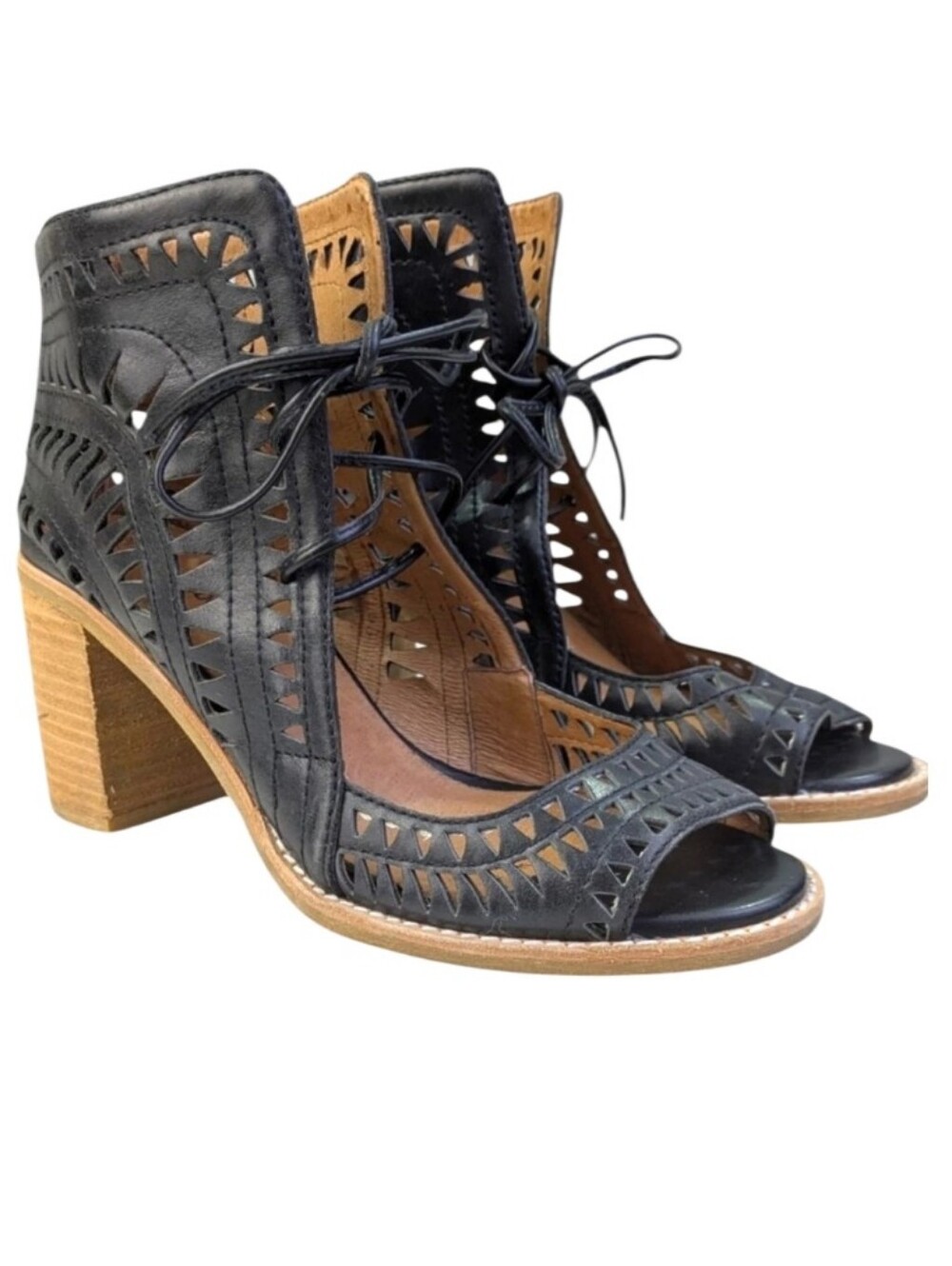 Jeffrey Campbell Black Laser-Cut Leather Lace-Up Peep Toe Heels Size 9.5